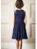 Navy Blue Pleated Chiffon Knee Length Flower Girl Dress